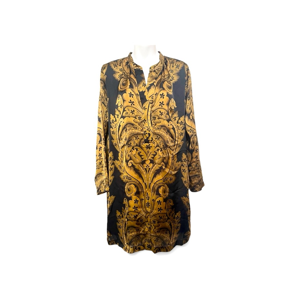 Joe Fresh Baroque Tunic Shirt Dress Black Gold Sz Small V-Neck Long Sleeve Boho